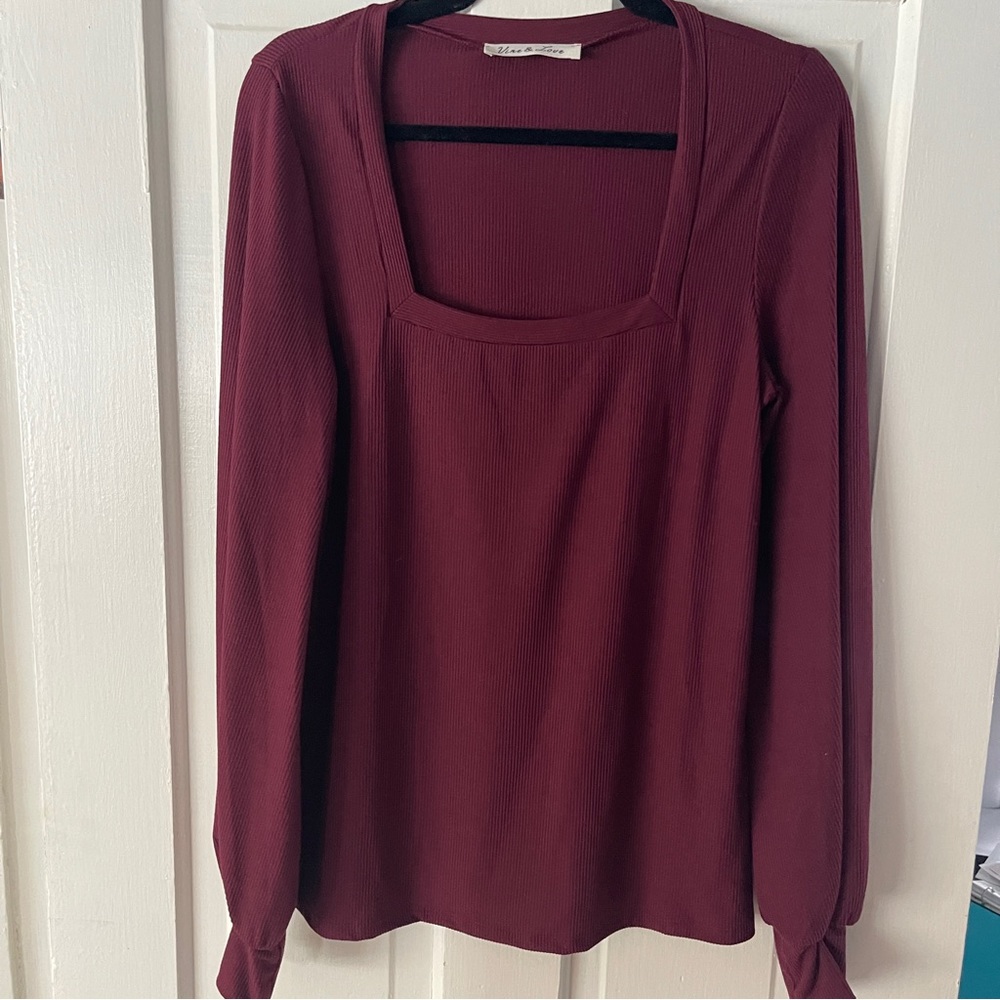 Square Neck Ribbed Billowy Long Sleeve Top